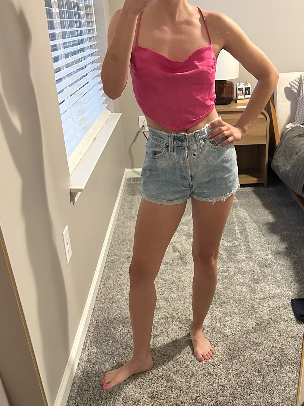 Hot Pink Satin Cowl Neck Cropped Top